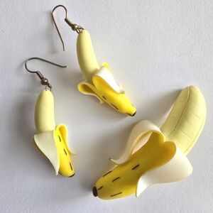 Banana set of brooch and earrings yellow fruit fun food jewelry peeled peel
